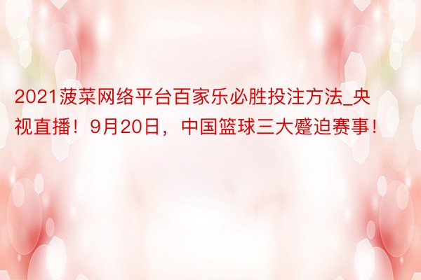 2021菠菜网络平台百家乐必胜投注方法_央视直播！9月20日，中国篮球三大蹙迫赛事！